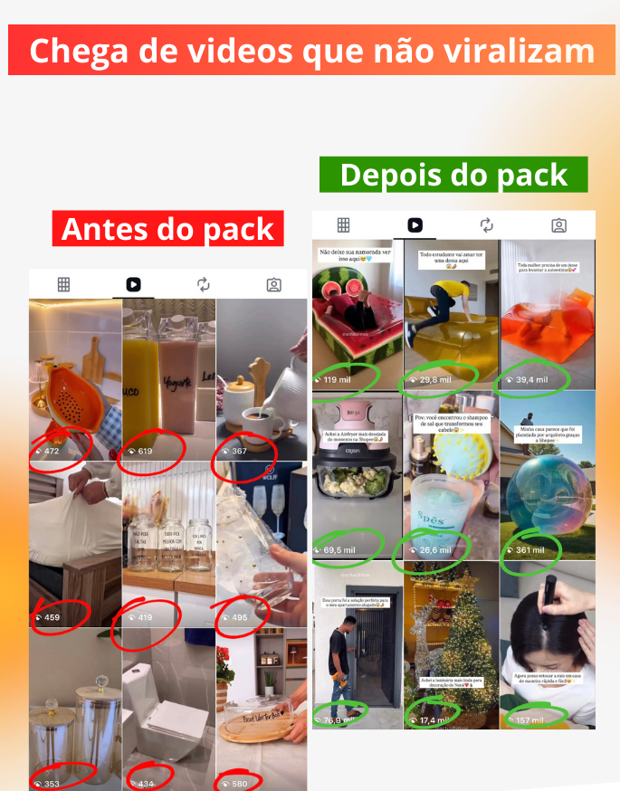 Comparação de visualizações antes e depois do pack